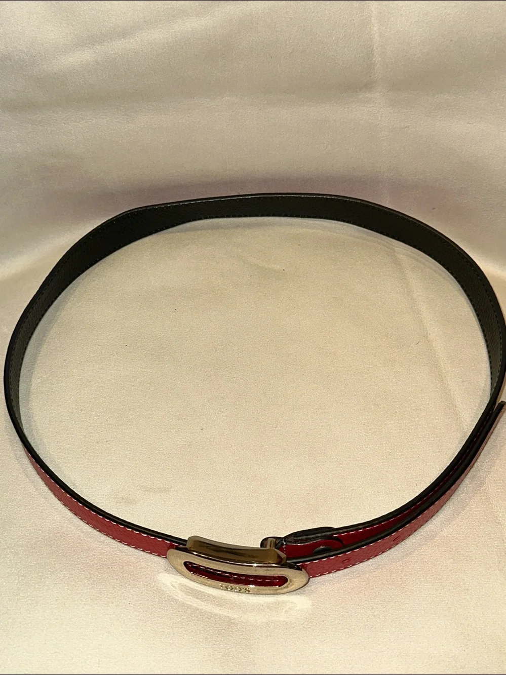 Tod's True Red Leather Belt with Silver Logo Engraved Buckle & White Stitching
